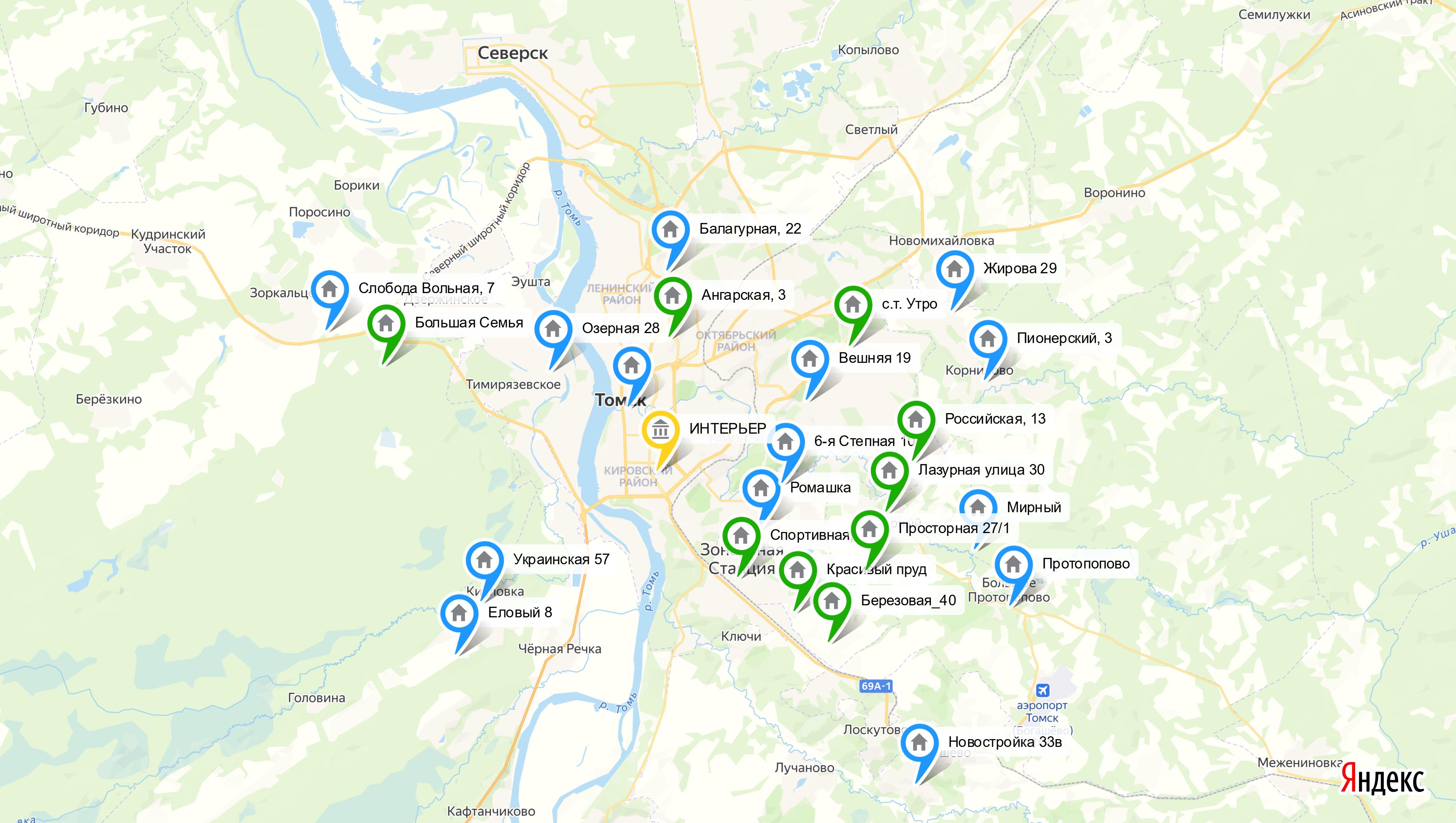 Карта объектов ГК Интерьер в Томске и области